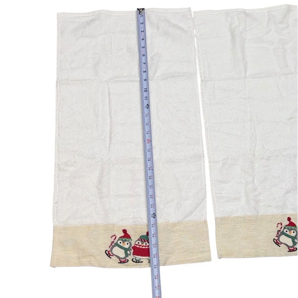 Glitz & Glimmer Christmas Penguin Ice Skating Hand Towels Set of 2 White Gold